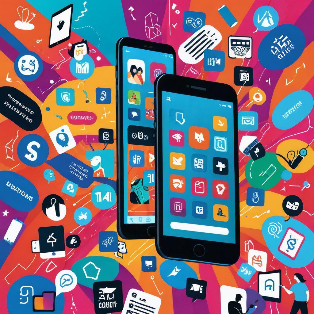 A vibrant, modern mobile screen displaying a variety of engaging adult entertainment content intertwined with blogging features, featuring playful icons and interactive elements. The background should be a sleek tech-inspired design, with a subtle hint of adult themes portrayed artistically. Include diverse individuals happily engaging with the content, emphasizing inclusivity and creativity. Bright colors and dynamic shapes to enhance visual appeal. 3D, vibrant colors.