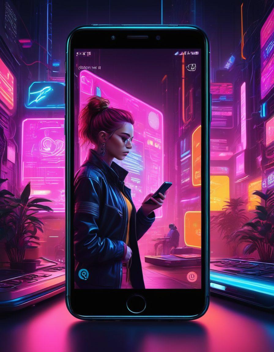 A dynamic blend of a smartphone displaying a vibrant blog interface, surrounded by elements of adult entertainment like playful silhouettes and abstract patterns. Integrate soft neon lights and a diverse group represented through colorful avatars engaged in mobile interaction, capturing the essence of modern digital diaries. The background should reflect a stylish, tech-savvy environment that hints at creativity and adult themes. vibrant colors. cyberpunk. digital art.