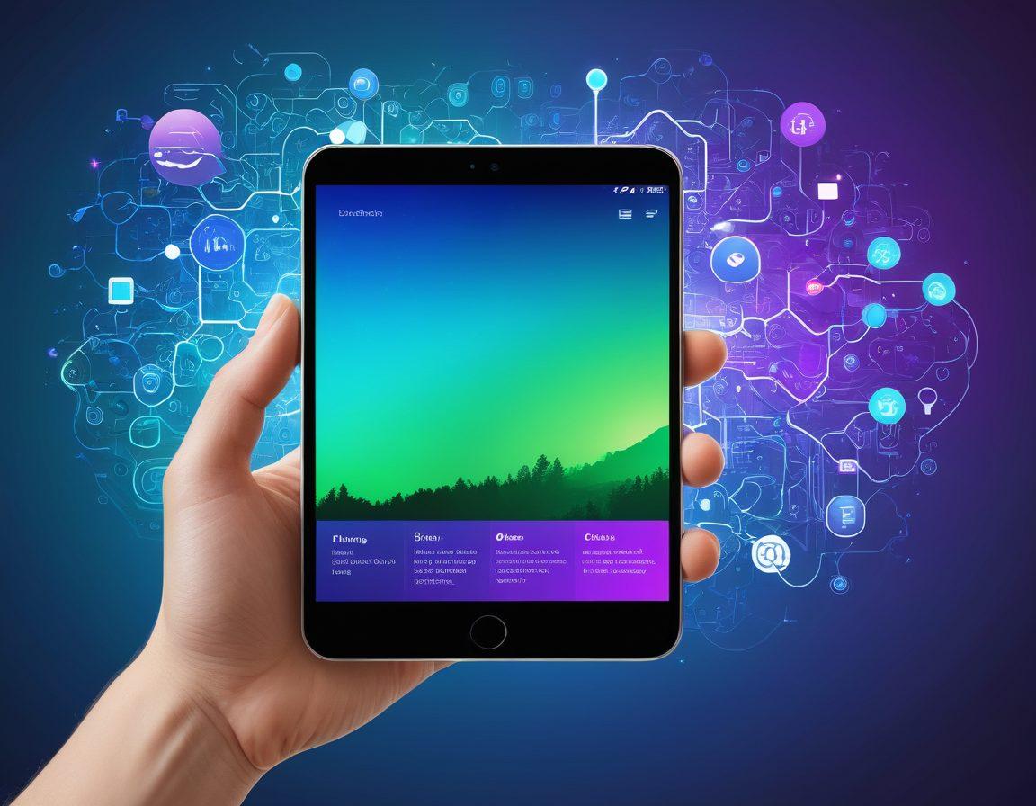 A dynamic collage representing the evolution of digital diaries, featuring a traditional weblog interface transitioning to a modern WAP site on a smartphone screen. Elements like vibrant text bubbles, icons of mobile content, and visual representations of adult themes intermingle. The background should blend a gradient of tech-inspired colors symbolizing transformation and connectivity. super-realistic. vibrant colors. technology theme.